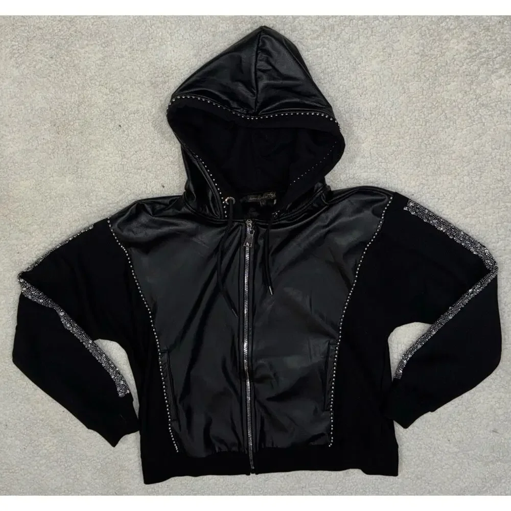 Mobwife Black Hooded Faux Leather Jacket‎ Medium Y2k